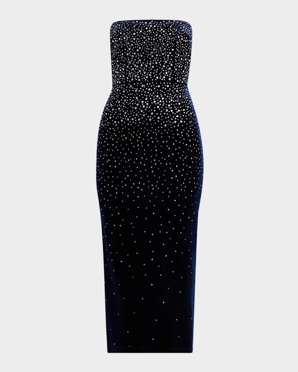Strapless Crystal Velvet Midi Dress